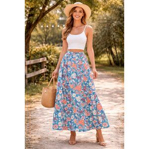 Women's Floral Maxi Skirt Blue Multicolor Elastic Waist Boho Cottagecore